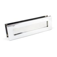 The Traditional 12 Inch Front Door Letter Plate - Antique Period Style Flap in a Polished Chrome Finish Viewed from Behind