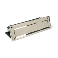 The Traditional 12 Inch Front Door Letter Plate - Antique Period Style Flap in a Polished Nickel Finish Shown at an Angle