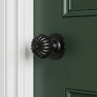 The Traditional Black Door Knob Set with Floral Back Plate on a Green door in a Modern Home - Digital Illustration The Traditional Black Door Knob Set with Floral Back Plate on a Green door in a Modern Home - Digital Illustration