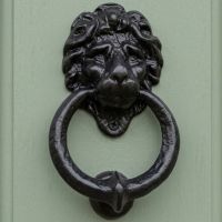 The Traditional Black Iron Lion Door Knocker on a Light Green Door Shown at an Angle - Digital Illustration