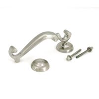The Traditional Doctor"s Door Knocker Satin Stainless Steel Shown with Fittings and Strike Plate on a White Background The Traditional Doctor"s Door Knocker Satin Stainless Steel Shown with Fittings and Strike Plate on a White Background
