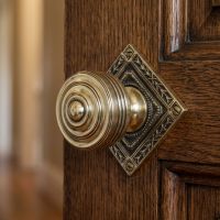 The Traditional Georgian Polished Brass Door Knobs on a Wooden Door in a Traditional Family Home - Digital Illustration