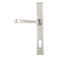 The Valen Lever Espagnolette Door Handle Set in Polished Stainless Steel Shown on a White Background with Handle to the Left
