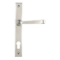 The Valen Lever Espagnolette Door Handle Set in Polished Stainless Steel Shown on a White Background with Handle to the Right