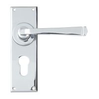 The Valen Lever Euro Lock Door Handle Set in Polished Stainless Steel Shown from the Front on a White Background