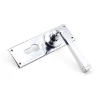 The Valen Lever Euro Lock Door Handle Set in Polished Stainless Steel Shown Lying on its Side