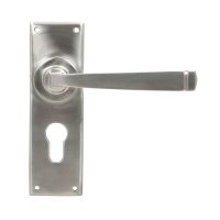 The Valen Lever Euro Lock Door Handle Set in Satin Stainless Steel Shown from the Front on a White Background