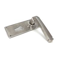 The Valen Lever Euro Lock Door Handle Set in Satin Stainless Steel Shown Lying on its Side