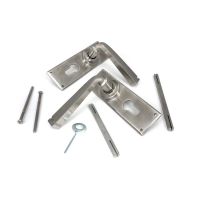 The Valen Lever Euro Lock Door Handle Set in Satin Stainless Steel Shown With Supplied Parts including Spindles and Screws