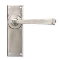 The Valen Lever Latch Door Handle Set in Satin Stainless Steel With Handle to The Right on a White Background