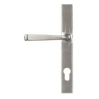 The Valen Slimline Lever Espagnolette Door Handle Set in Satin Stainless Steel Shown on a White Background with Handle to the Left