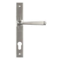 The Valen Slimline Lever Espagnolette Door Handle Set in Satin Stainless Steel Shown on a White Background with Handle to the Right