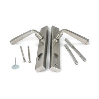 The Valen Slimline Lever Espagnolette Door Handle Set in Satin Stainless Steel Shown with all Supplied Components including Spindle and Screws