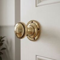 The Victorian Inspired Polished Brass Mortice Door Knob Set on a Deluxe White Wooden Door - Digital Illustration The Victorian Inspired Polished Brass Mortice Door Knob Set on a Deluxe White Wooden Door - Digital Illustration