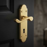 The Victorian Scroll Latch Arched Keyhole Door Handle in Polished Brass on a Dark Black Painted Door - Digital Illustration