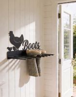 The Wall Mounted Hen & Chicks Iron Boot Holder Fixed toa Wooden Porch Entranceway Wall - Digital Illustration 