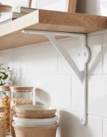The White Cast Iron Stylish Gallows Bracket Mounted on a Tiled Kitchen Wall on a Wooden Sheld - Digital Illustration 