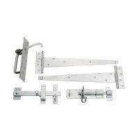 The Zinc Plated 450mm (18") Door Gate Hardware Kit - Complete Tee Hinges, Suffolk Latch & Lock Bolt Pack on a White Background 