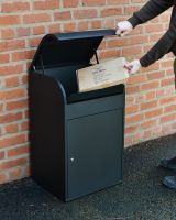 Titan Large Parcel box in Black Steel open lid with parcel to scale 
