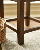Traditional and Rustic Cross Hatch Brown Leather and Wood Stool Legs Close Up