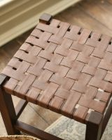 Traditional and Rustic Cross Hatch Brown Leather and Wood Stool Leather Close Up