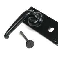 Close-Up of Outer Traditional Black Bathroom Mortice Lock Door Handle Set