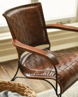 Traditional Hand Woven Tan Leather and Iron Arm Chair Armrests