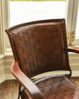Traditional Hand Woven Tan Leather and Iron Arm Chair Backrest Detailing