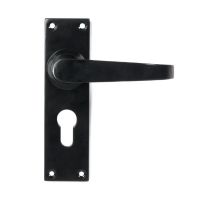 Large Traditional Smooth Black Lever Euro Lock Door Handle Set in Situ
