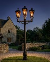 Triple Headed Gothic Style Lamp Post digital illustration at night Triple Headed Gothic Style Lamp Post digital illustration at night