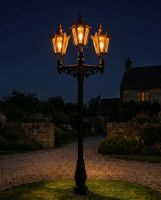 Triple Headed Hexagonal Lamp Post Set digital illustration at night Triple Headed Hexagonal Lamp Post Set digital illustration at night