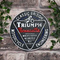 "Classic British Triumph Motorcycles" Cast Iron Vintage Wall Sign in Use Outdoors in the Garden "Classic British Triumph Motorcycles" Cast Iron Vintage Wall Sign in Use Outdoors in the Garden