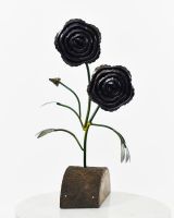 Twin bloom Upcycled Steel Botanical Sculpture in Wooden Base - Black