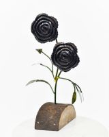 Twin bloom Upcycled Steel Botanical Sculpture in Wooden Base - Black angled base