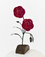 Twin bloom Upcycled Steel Botanical Sculpture in Wooden Base - Red