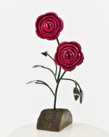 Twin bloom Upcycled Steel Botanical Sculpture in Wooden Base - Red angled image