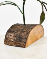 Twin bloom Upcycled Steel Botanical Sculpture in Wooden Base - Silver close up of base