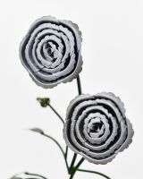 Twin bloom Upcycled Steel Botanical Sculpture in Wooden Base - Silver close up of flowers