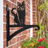 Sitting Cat Hanging Basket Bracket on a Brick Wall 