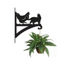 Cat & Chicken Iron Hanging Basket Bracket Holding a Flower Basket