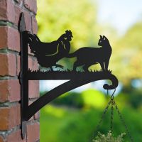 Cat & Chicken Iron Hanging Basket Bracket on Brick Wall 