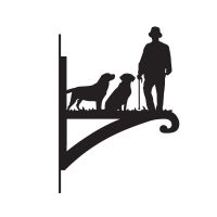 Man with Walking Stick and Two Labs Hanging Basket on White Background