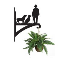 Man with Walking Stick and Two Labs Hanging Basket with Planter on White Background