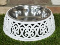 Antique White Dog Bowl Holder & Dish Antique White Dog Bowl Holder & Dish