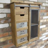 Side View of Wooden Industrial Wall Unit with Sliding Door