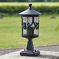 Angled view of scroll design pillar light 