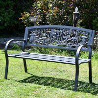 Side angle of flower fairies cast iron bench 
