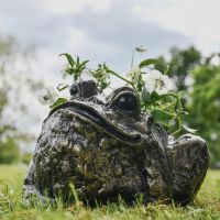 Antique Gold Bullfrog Planter in Garden Setting 