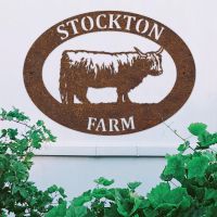 Highland Cow Iron Oval House Sign in Use Outdoors Highland Cow Iron Oval House Sign in Use Outdoors