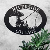 Iron Oval House Name Sign with Fisherman 